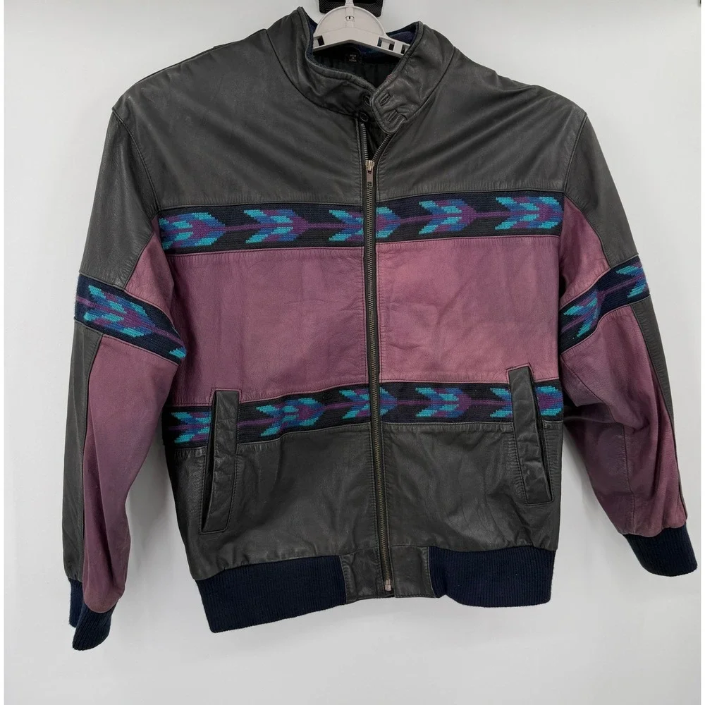 Adler Vintage Leather Bomber Jacket Purple Black Southwestern Woven Mens Large